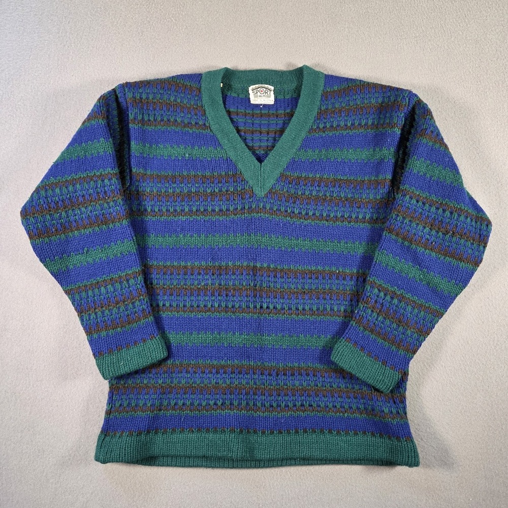 Sport ALM Vintage Shetland Wool Sweater Womens Medium Green Fair Isle V Neck